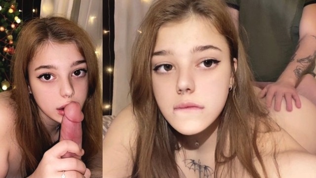 Милашка с красивыми карими глазами дала бойфренду около новогодней елки