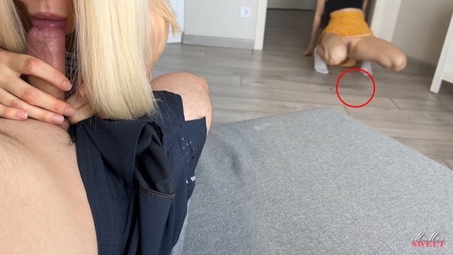 My Stepsis made a Squirt behind my Girlfriend and Finished blowjob